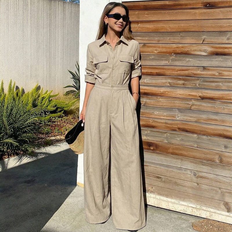 Autumn Style Workwear-Inspired Lapel Jumpsuit