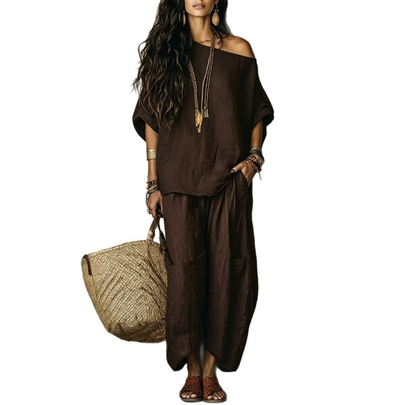 Simple Off-Shoulder Top And Wide-Leg Pantalon Set