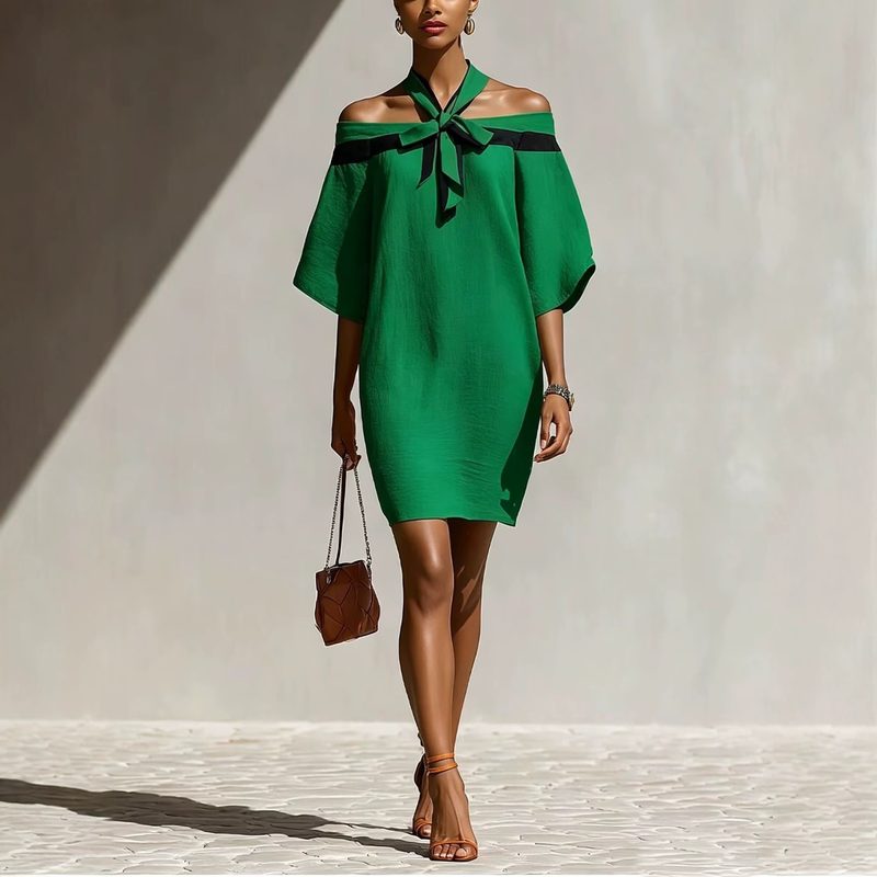 Robe Épaules Dénudées à Nœud au Col pour Femme
