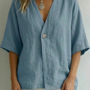 Haut Décontracté Fluide Femme, Col V Boutonné Couleur Unie – Collection Printemps-Été