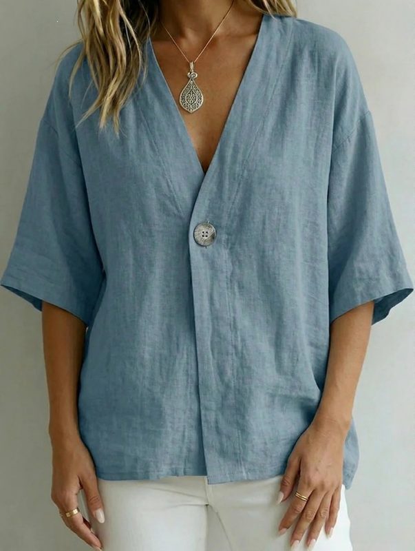 Haut Décontracté Fluide Femme, Col V Boutonné Couleur Unie – Collection Printemps-Été