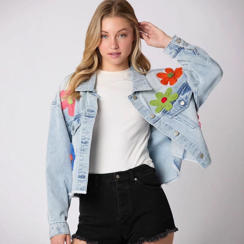 Multicolor Three-Dimensional Floral-Decorated Denim Veste