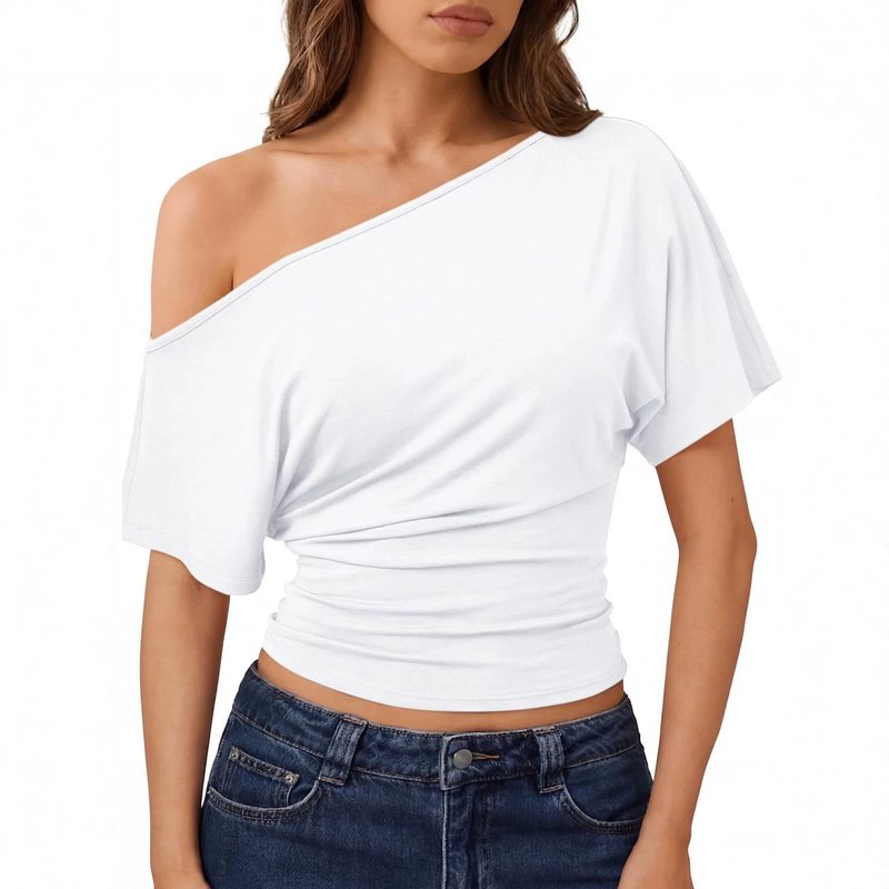 Summer Off Shoulder Uni Color Manches Courtes Femme Clothing