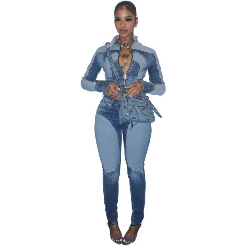 Ensemble Deux Pièces Décontracté en Denim Délavé, Style Patchwork Color-Block