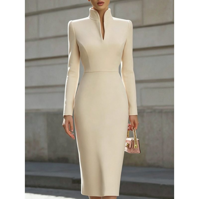 Uni Color Stand Collar Manches Longues Robe