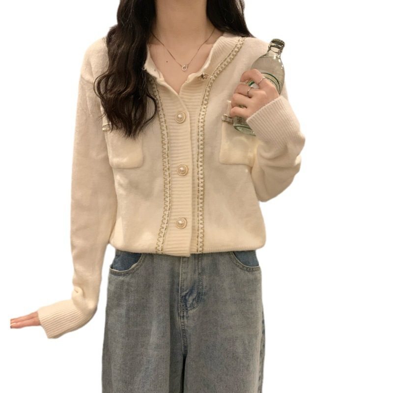 Femme Crew-Neck Sweater With Pearl-Button Cardigan Veste