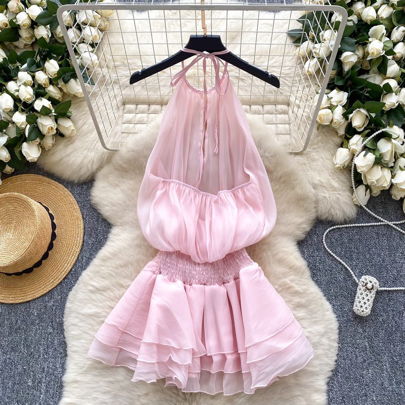 Femme Uni-Color Alluring Halter-Neck Beaded Slip Robe