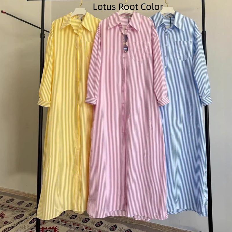 Femme Lapel-Collar Manches Longues Striped Single-Breasted Robe