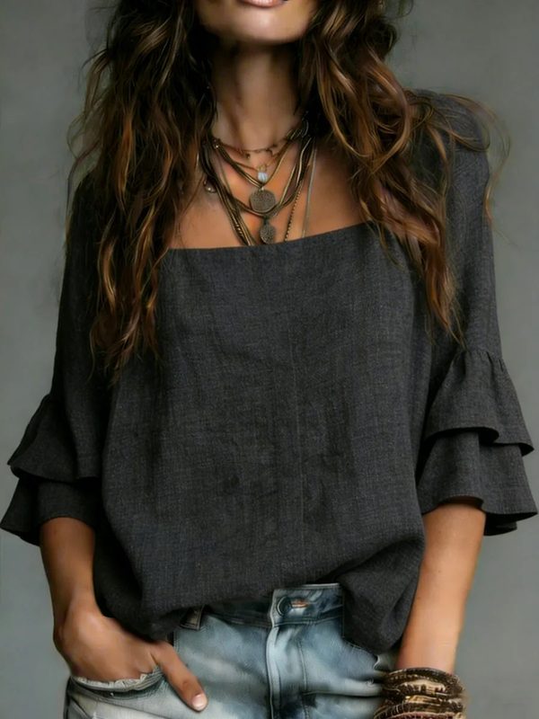 Square-Neck Flared Three-Quarter-Sleeve Décontracté Shirt