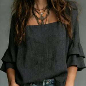 Square-Neck Flared Three-Quarter-Sleeve Décontracté Shirt