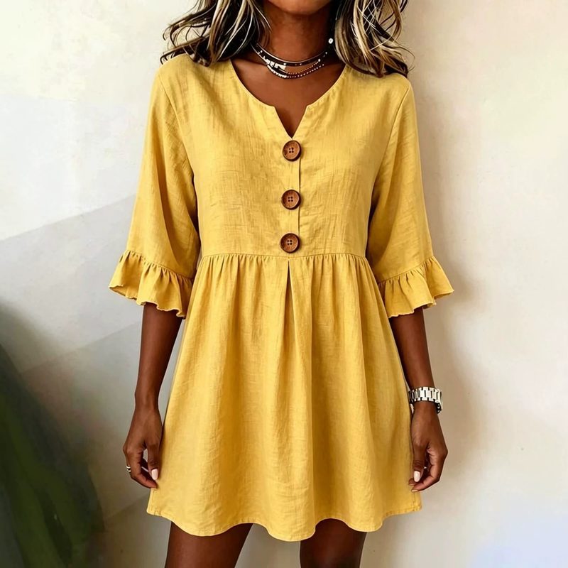 Robe Femme Col V en Coton et Lin à Détails Latéraux