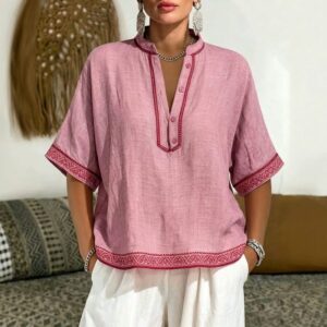 Nouveau T-shirt Ample et Élégant à Col V, Finition Dentelle et Boutons