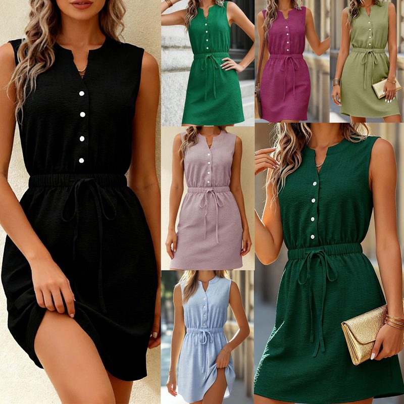 Sleeveless Col V Office Midi Robe With A Drawstring Waist