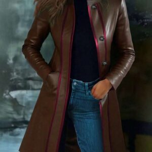 Rétro Black Color-Block Collar Leather Veste Trench Manteau