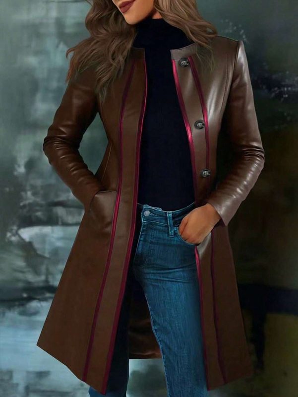 Trench-coat Rétro en Cuir Noir à Col Contrastant