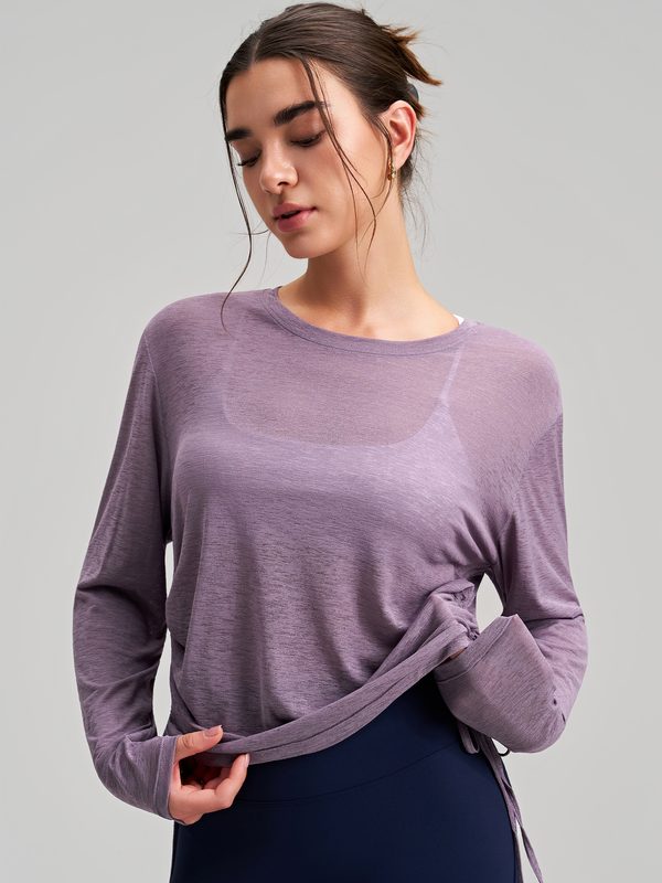 Outerwear Col Rond Yoga Cover-Up Manches Longues Hip-Covering Side Drawstring T-Shirt, Ample Respirant Entraînement Running Yoga Top