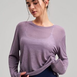 Outerwear Col Rond Yoga Cover-Up Manches Longues Hip-Covering Side Drawstring T-Shirt, Ample Respirant Entraînement Running Yoga Top