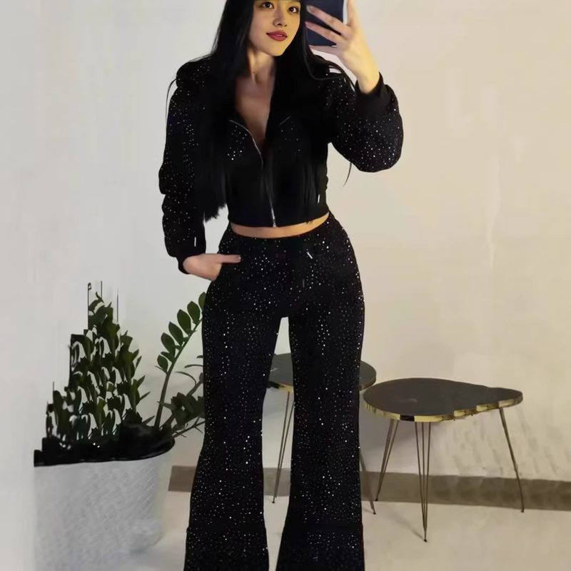 Femme Y2K Rhinestone-Studded Hooded Sweatshirt And High-Waisted Coupe Ajustée Bas De Jogging