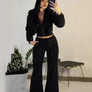 Femme Y2K Rhinestone-Studded Hooded Sweatshirt And High-Waisted Coupe Ajustée Bas De Jogging