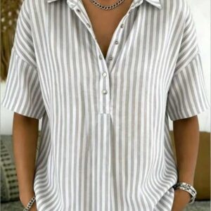 Chemise Femme Rayée à Manches Courtes, Esprit Décontracté