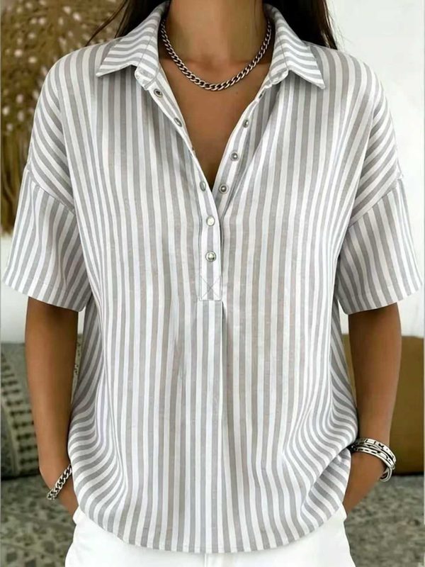 Chemise Femme Rayée à Manches Courtes, Esprit Décontracté