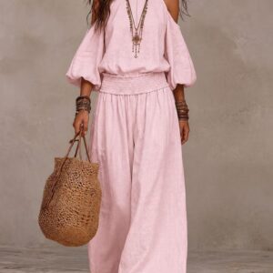 Femme Décontracté Round-Neck Coupe Ample Manches Longues Hollow-Out Top And Pleated Pantalon Set