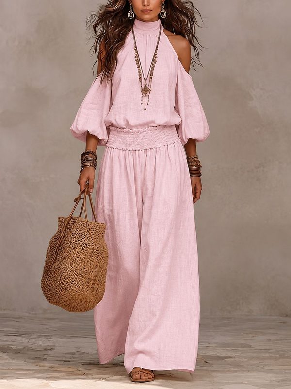 Femme Décontracté Round-Neck Coupe Ample Manches Longues Hollow-Out Top And Pleated Pantalon Set