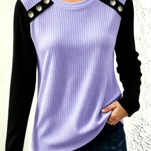 Fallwinter Crew-Neck Patchwork Waffle-Knit Manches Longues Top