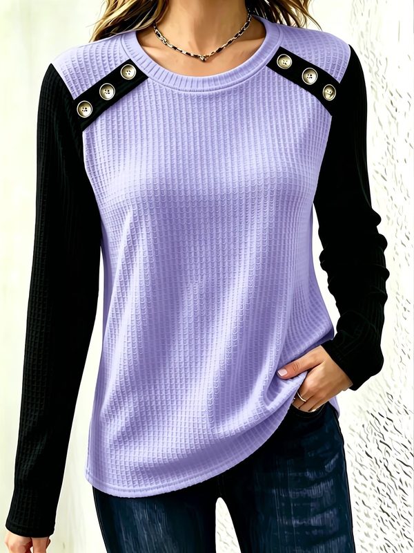 Fallwinter Crew-Neck Patchwork Waffle-Knit Manches Longues Top