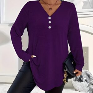 Femme Plus-Size Uni-Color Manches Longues Top With Buttons