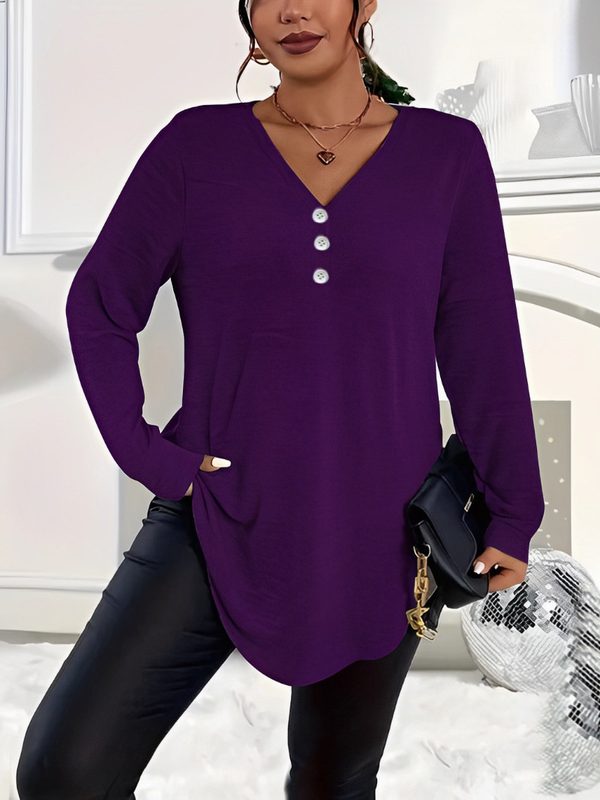 Femme Plus-Size Uni-Color Manches Longues Top With Buttons
