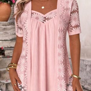 Femme Floral-Pattern Lace Mesh Hollow-Out Trim Faux Two-Piece Top