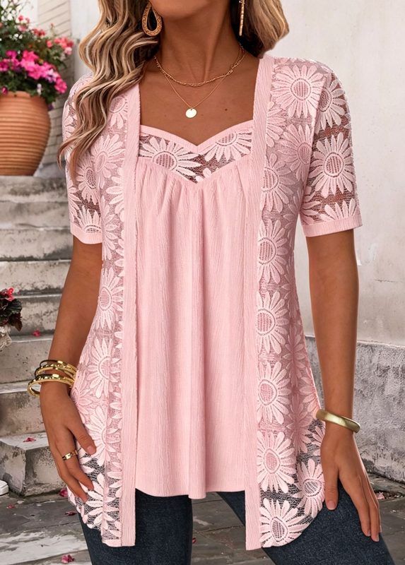 Femme Floral-Pattern Lace Mesh Hollow-Out Trim Faux Two-Piece Top