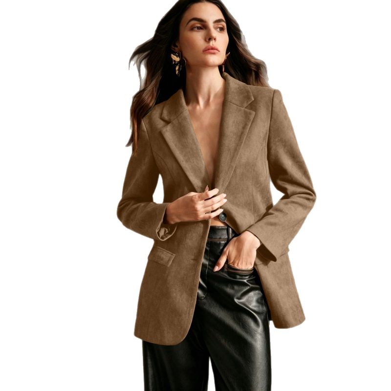 Double-Breasted Suede Velvet Blazer With Flap Pockets And Long Sleeves