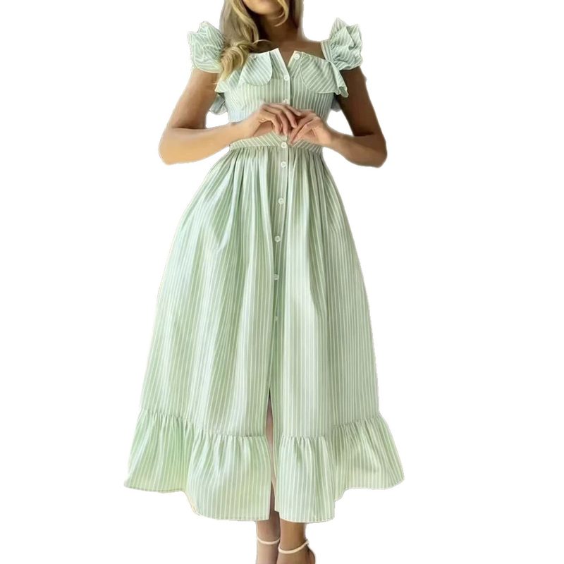 Buttoned Striped Robe With Puff Sleeves And Ruffled Hem