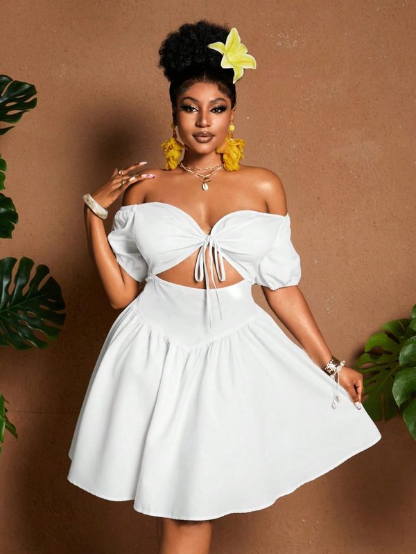 Femme Uni-Color Plus-Size Off-Shoulder Midriff-Baring Puff-Sleeve Robe