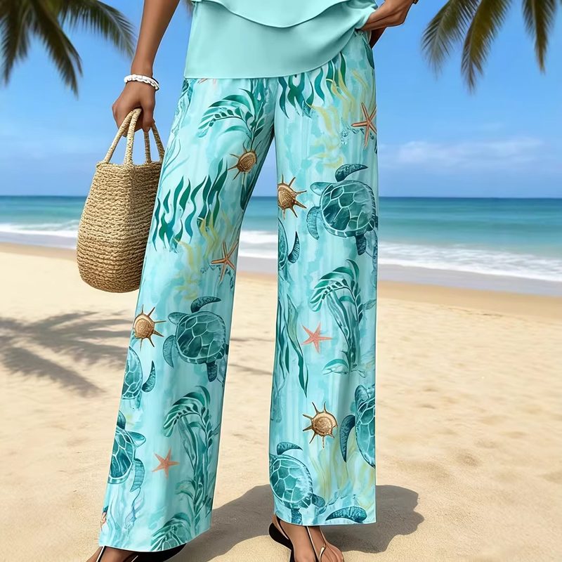 Pantalon Fluide Imprimé Digital, Coupe Ample, Esprit Évasion Insulaire