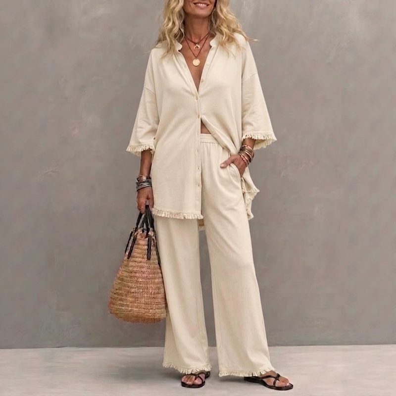 Femme Ample-Fitting Top And Wide-Leg Pantalon Two-Piece Set