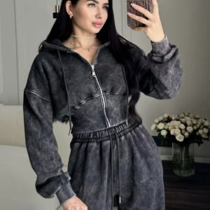 Femme Manches Longues Zip-Up Sweat À Capuche And Straight-Leg Taille Haute Décontracté Bas De Jogging Set