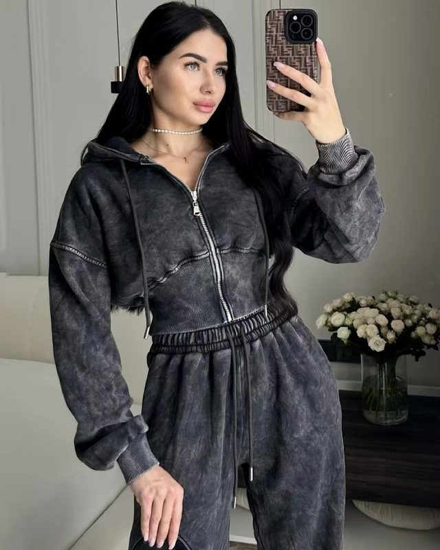 Femme Manches Longues Zip-Up Sweat À Capuche And Straight-Leg Taille Haute Décontracté Bas De Jogging Set