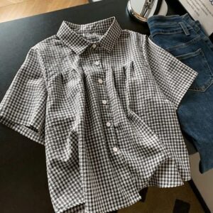 Femme Lapel-Neck Coupe Ample Plaid Shirt