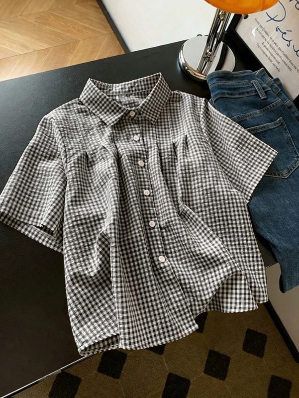 Femme Lapel-Neck Coupe Ample Plaid Shirt