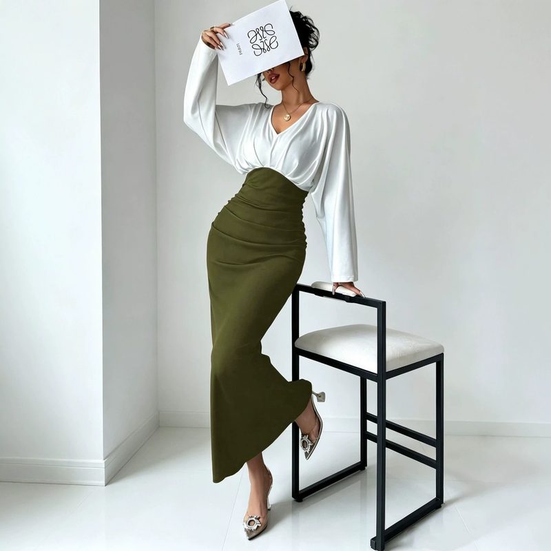 Robe Femme Slim-Fit à Manches Longues, Motif Patchwork Unicolore