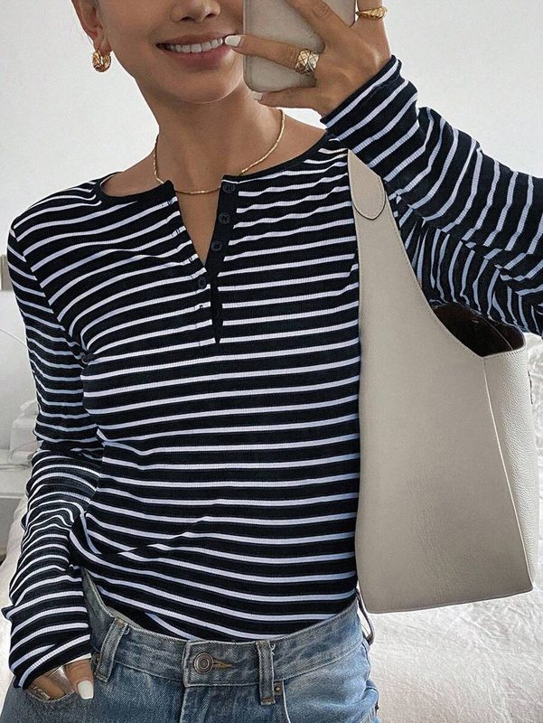 Striped Coupe Ample Manches Longues T-Shirt Décontracté Top