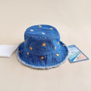 Ruffled Washed Denim Fisherman Chapeau - Cute Straw Chapeau With Small Flowers - Sunshade Chapeau For Outdoor Use - Versatile Bucket Chapeau