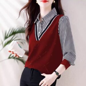 Western-Style Lapel Shirt Faux Two-Piece Top