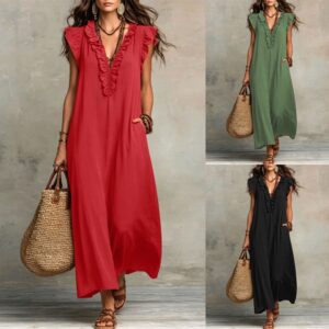 Robe Longue Fluide Femme à Col V Volanté et Manches Courtes – Style Bohème Décontracté Chic, Idéale Plage & Été, avec Poches