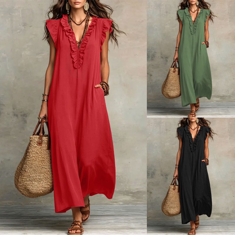 Robe Longue Fluide Femme à Col V Volanté et Manches Courtes, avec Poches - Style Bohème Décontracté pour la Plage et l'Été