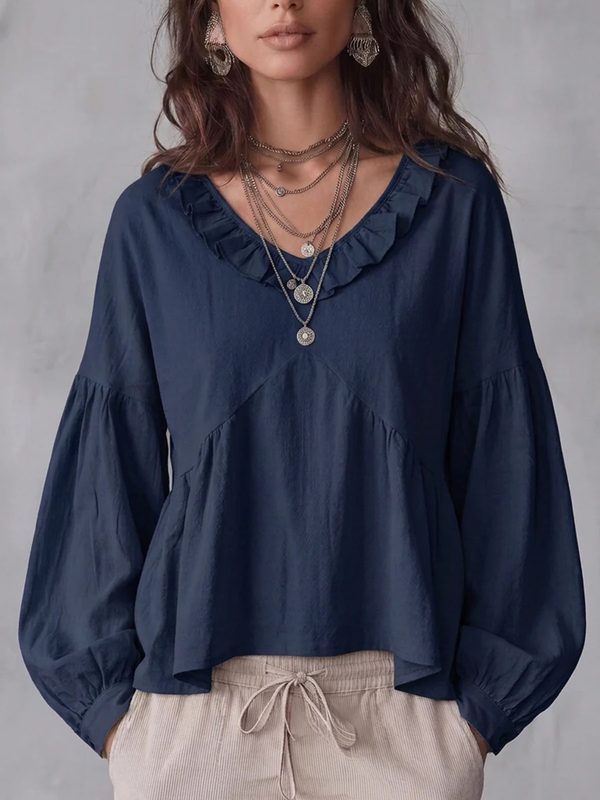 Blouse Vintage à Col V et Manches Longues, Sublimée de Dentelle
