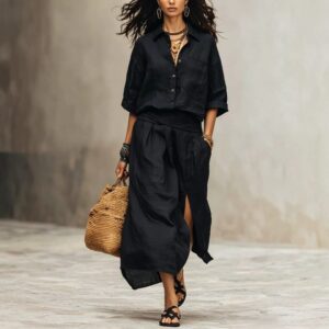 Three-Quarter-Sleeve Shirt And High-Waisted Slit Jupe Two-Piece Set
